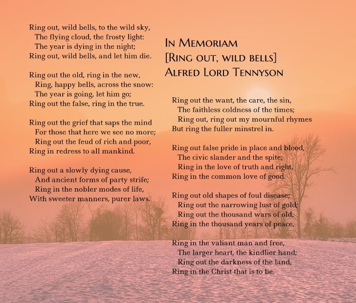 Tennyson's poem "In Memoriam [Ring Out, Wild Bells]" on a winter sunrise background.
