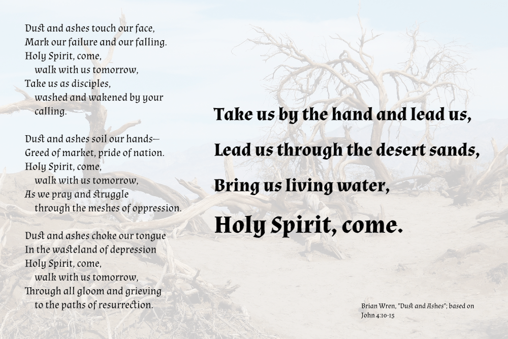 Text of Brian Wren lyrics for "Dust and Ashes" superimposed on a desert background